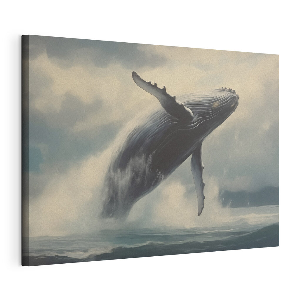 Walvis boven grijze zee, gespannen canvas met doorlopende rand