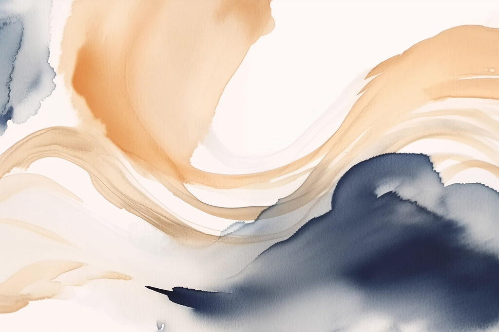 Perzikgolven tussen blauwe inkt — volledig ontwerp