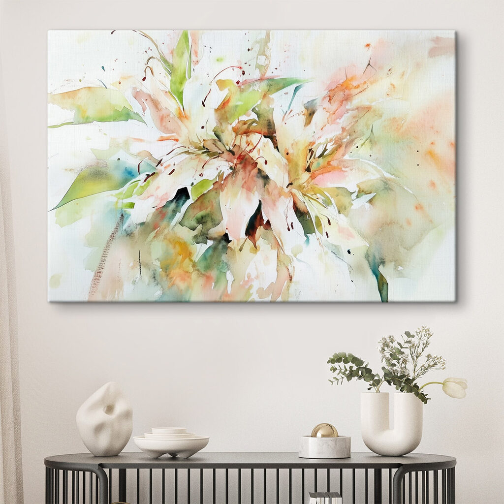 Schilderij van bloemen op een wit oppervlak in een interieur