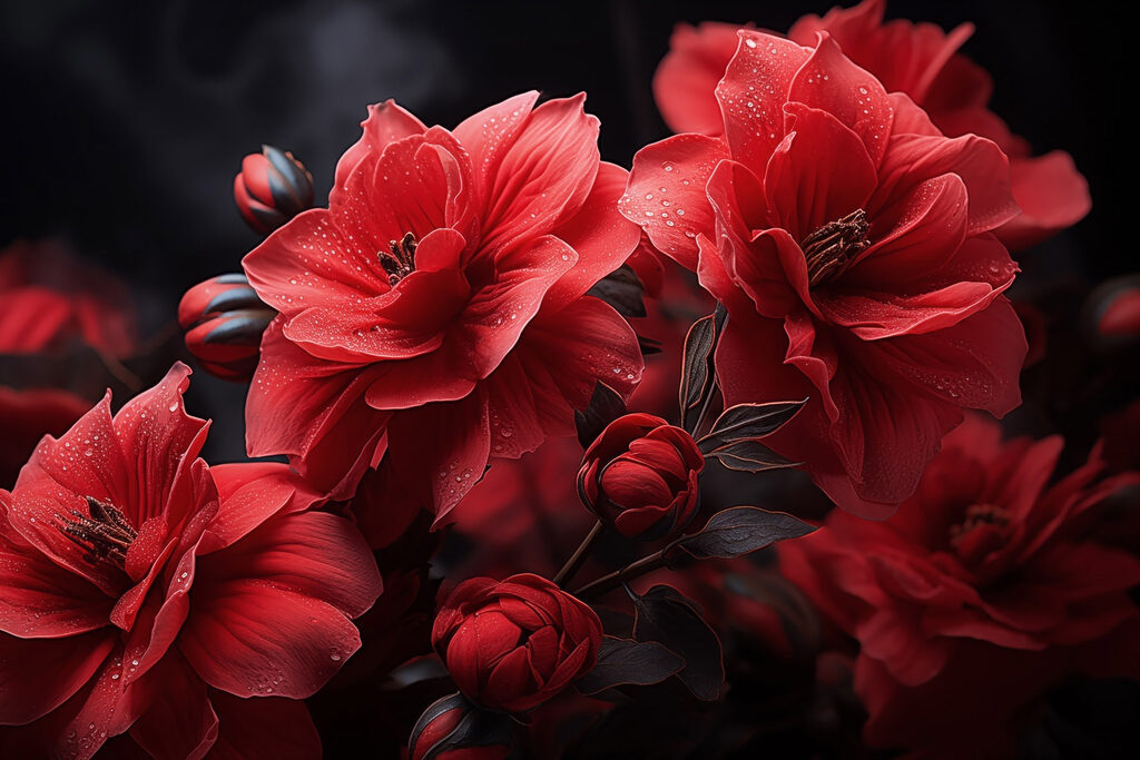 Dieprode bloemen op nachtzwart — volledig ontwerp