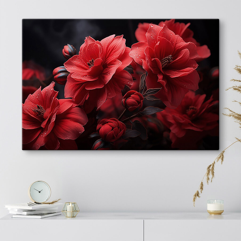 Dieprode bloemen op nachtzwart — interieur 1