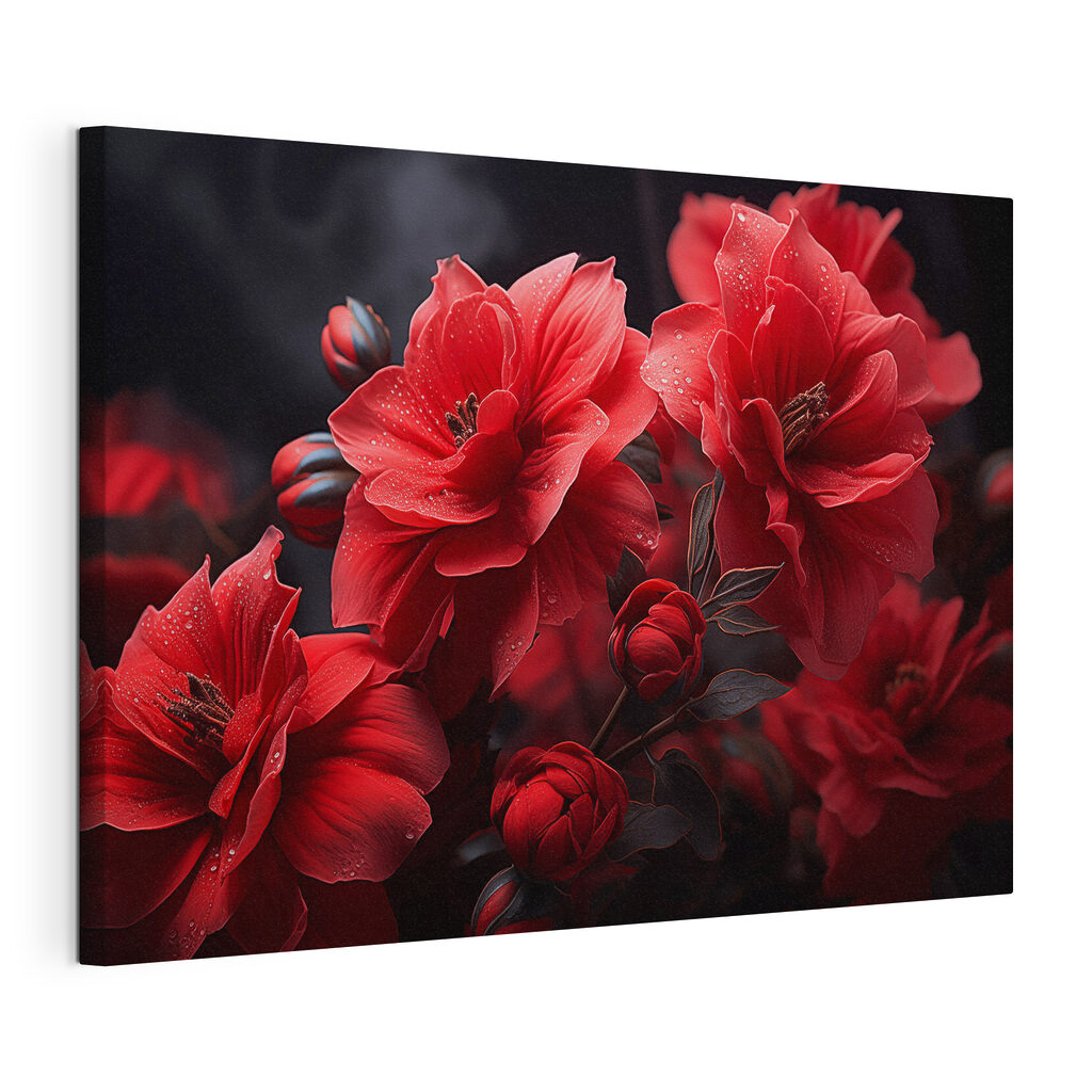 Dieprode bloemen op nachtzwart, gespannen canvas met doorlopende rand
