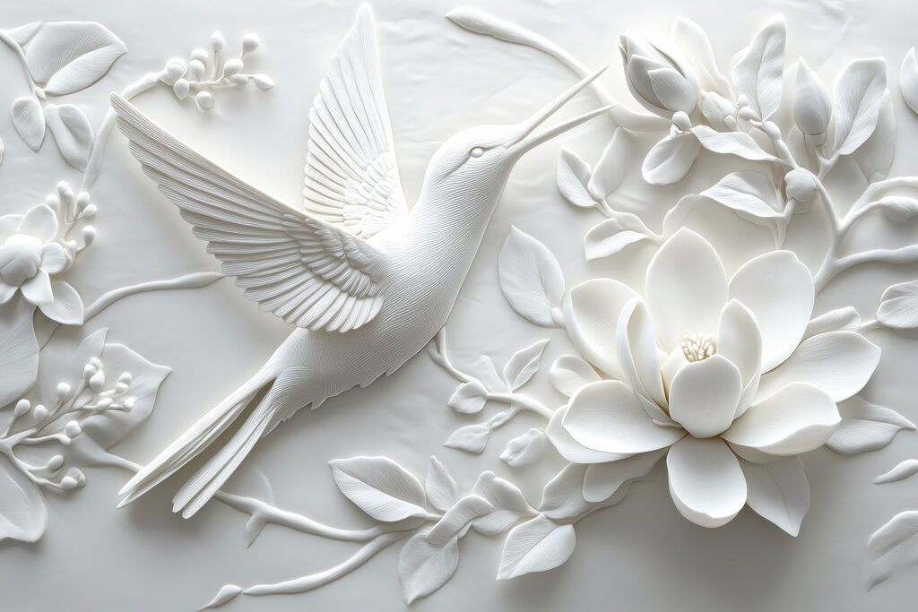 Witte duif tussen bloemen — volledig ontwerp