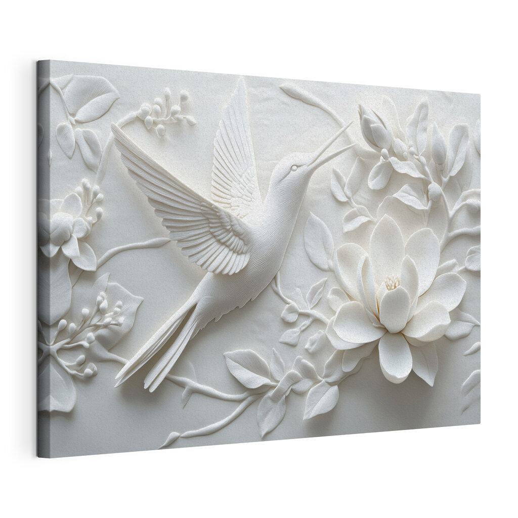 Witte duif tussen bloemen, gespannen canvas met doorlopende rand