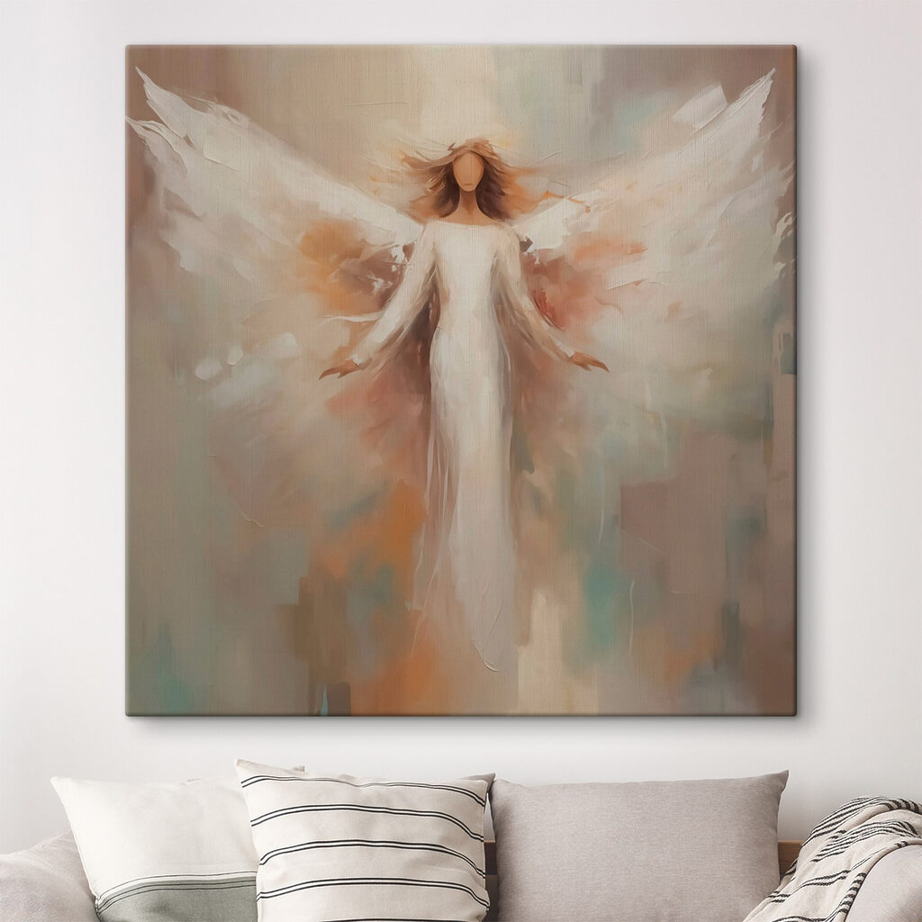Schilderij van een vrouw met vleugels in een interieur