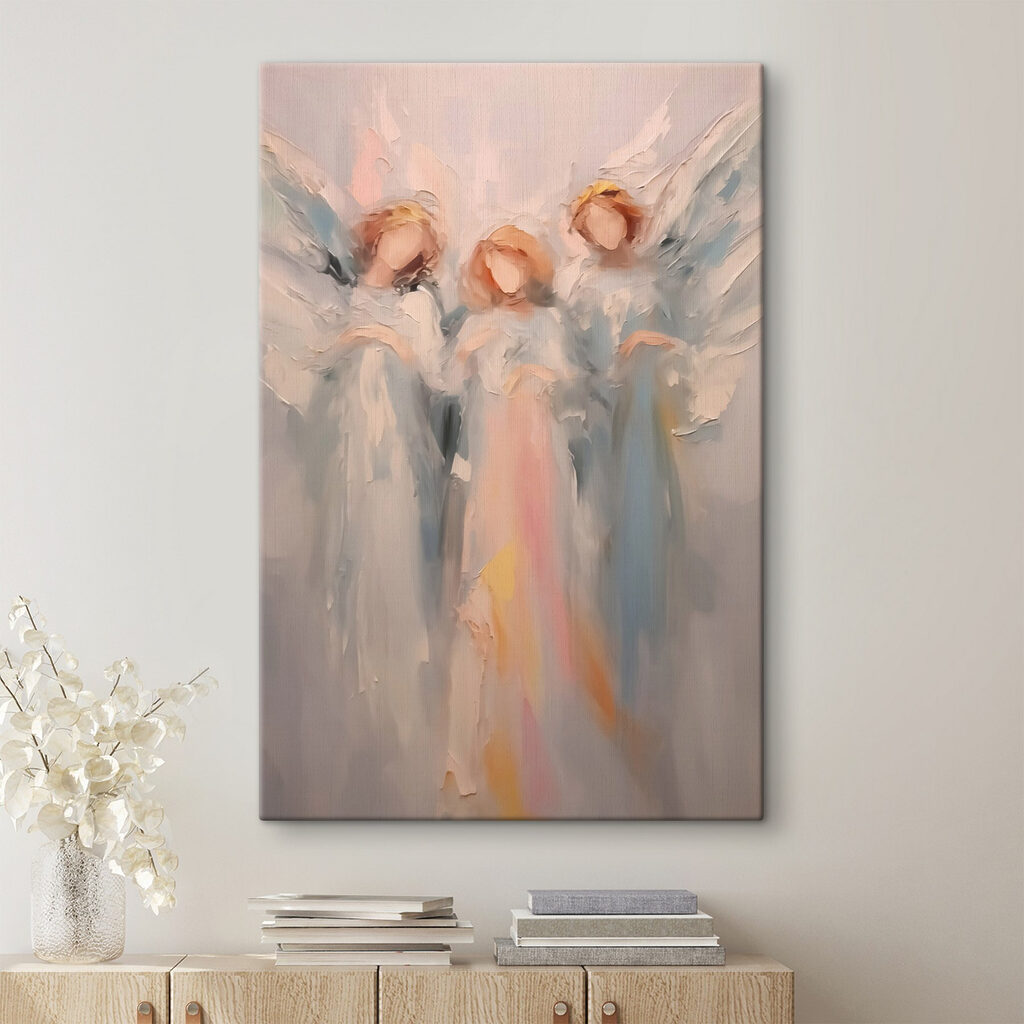 Schilderij van engelen met vleugels in een interieur
