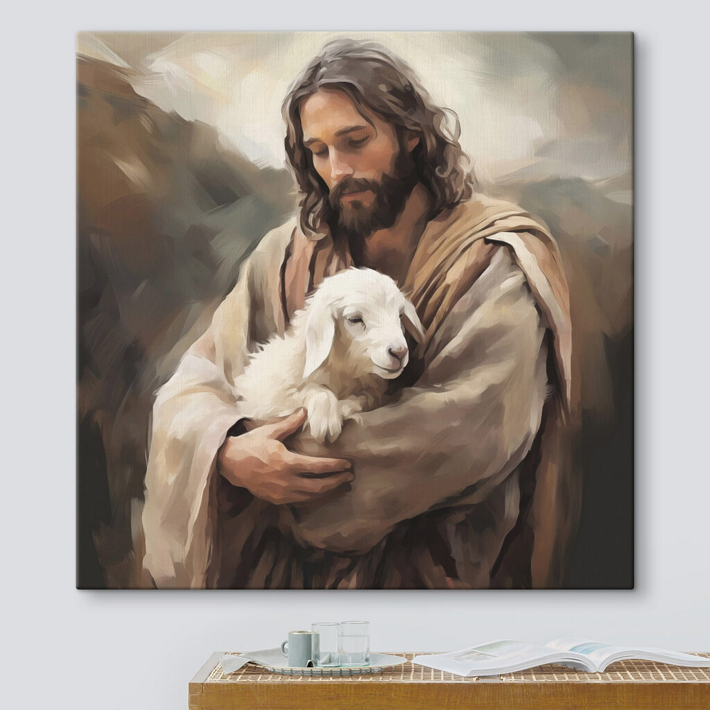 Schilderij van een man met een lam in een interieur