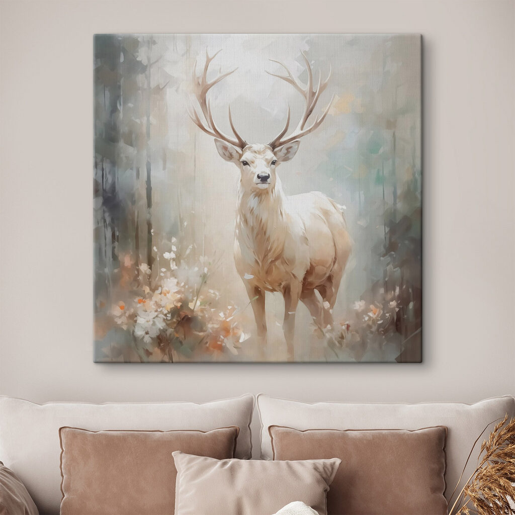 Schilderij van een hert met gewei in een interieur
