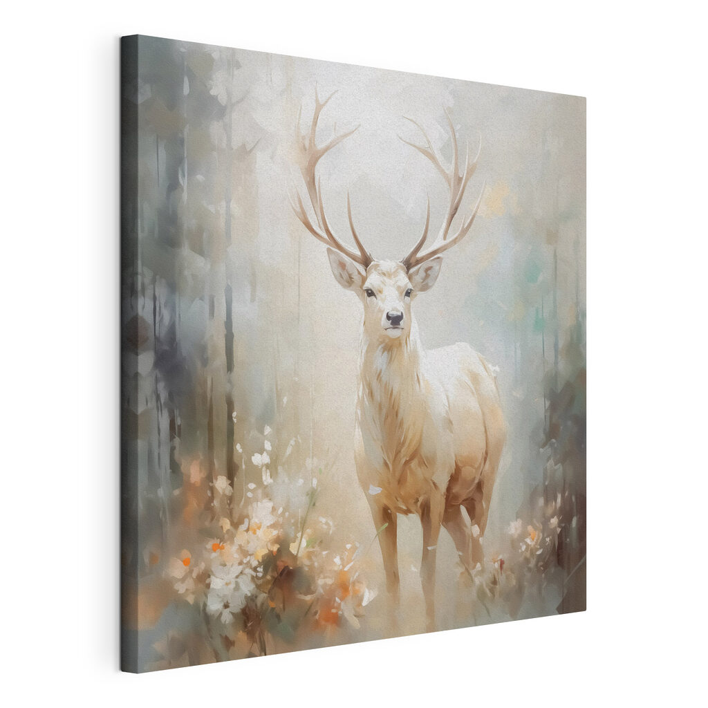 Wit hert in bosnevel, gespannen canvas met doorlopende rand