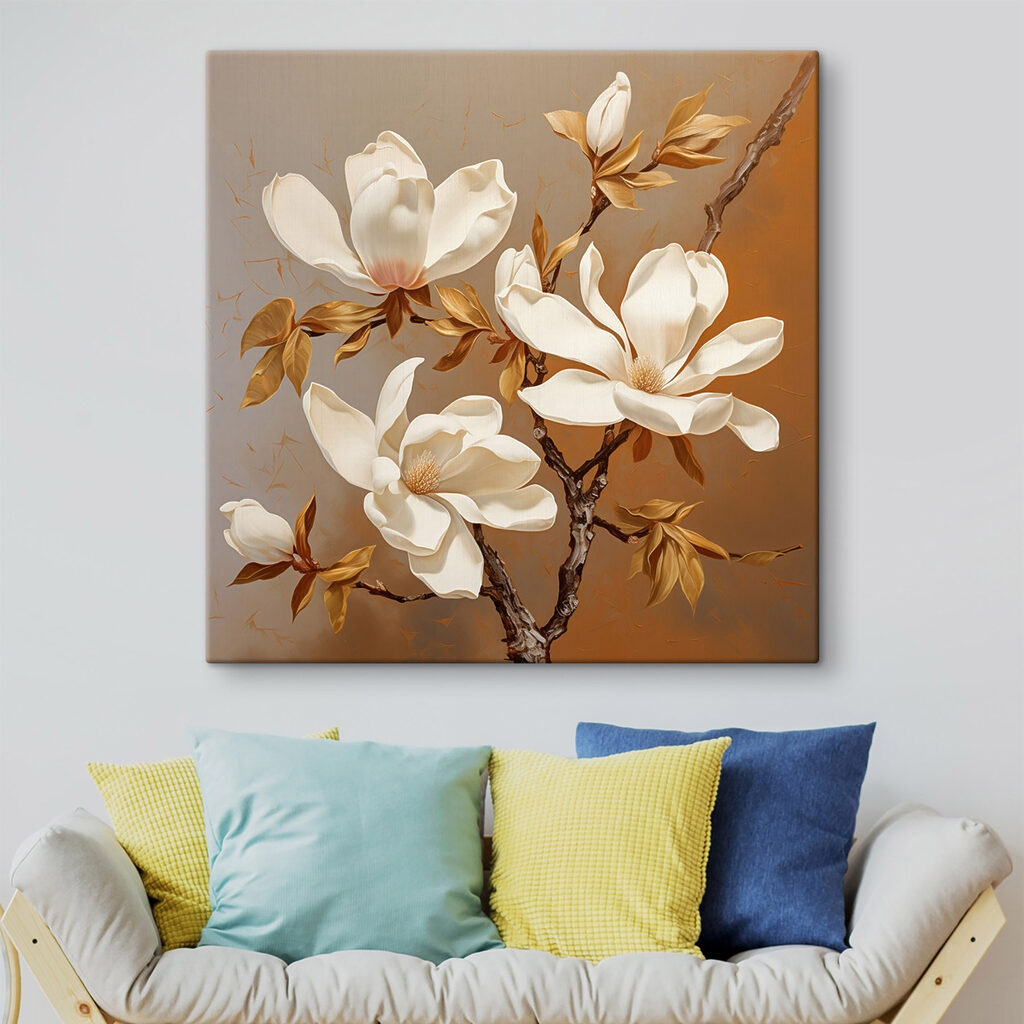Roomwitte magnolia op karamelbruin — interieur 2