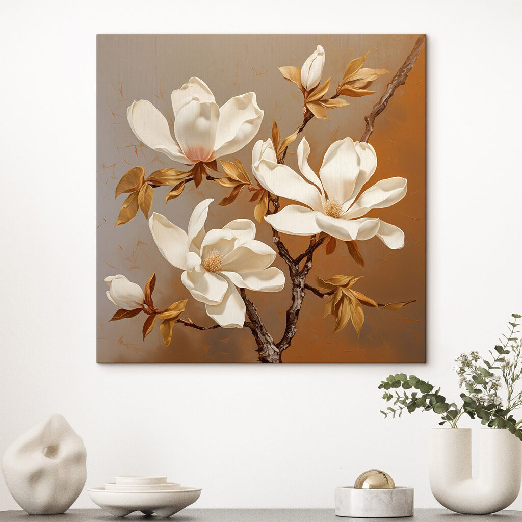 Roomwitte magnolia op karamelbruin — interieur 1