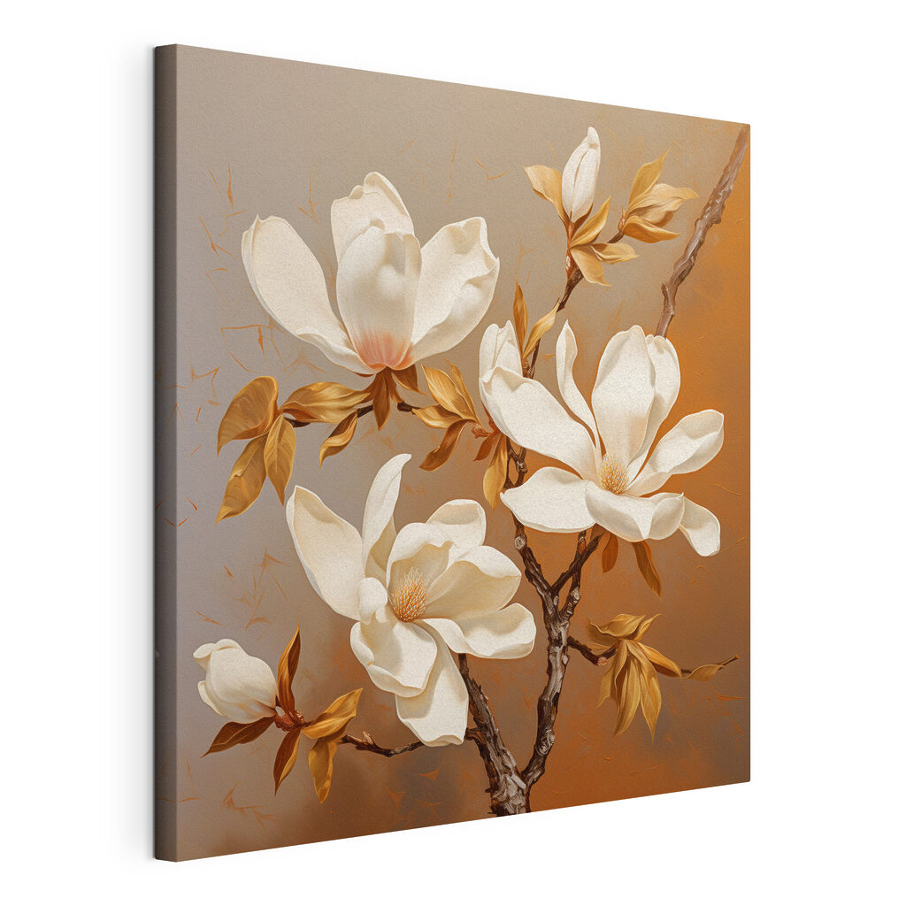 Roomwitte magnolia op karamelbruin, gespannen canvas met doorlopende rand