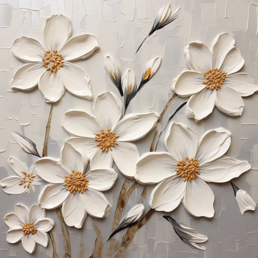 Witte bloemstelen met okerhartjes — volledig ontwerp