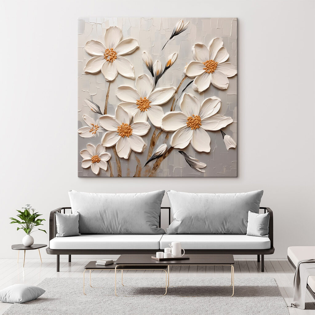 Witte bloemstelen met okerhartjes — interieur 1