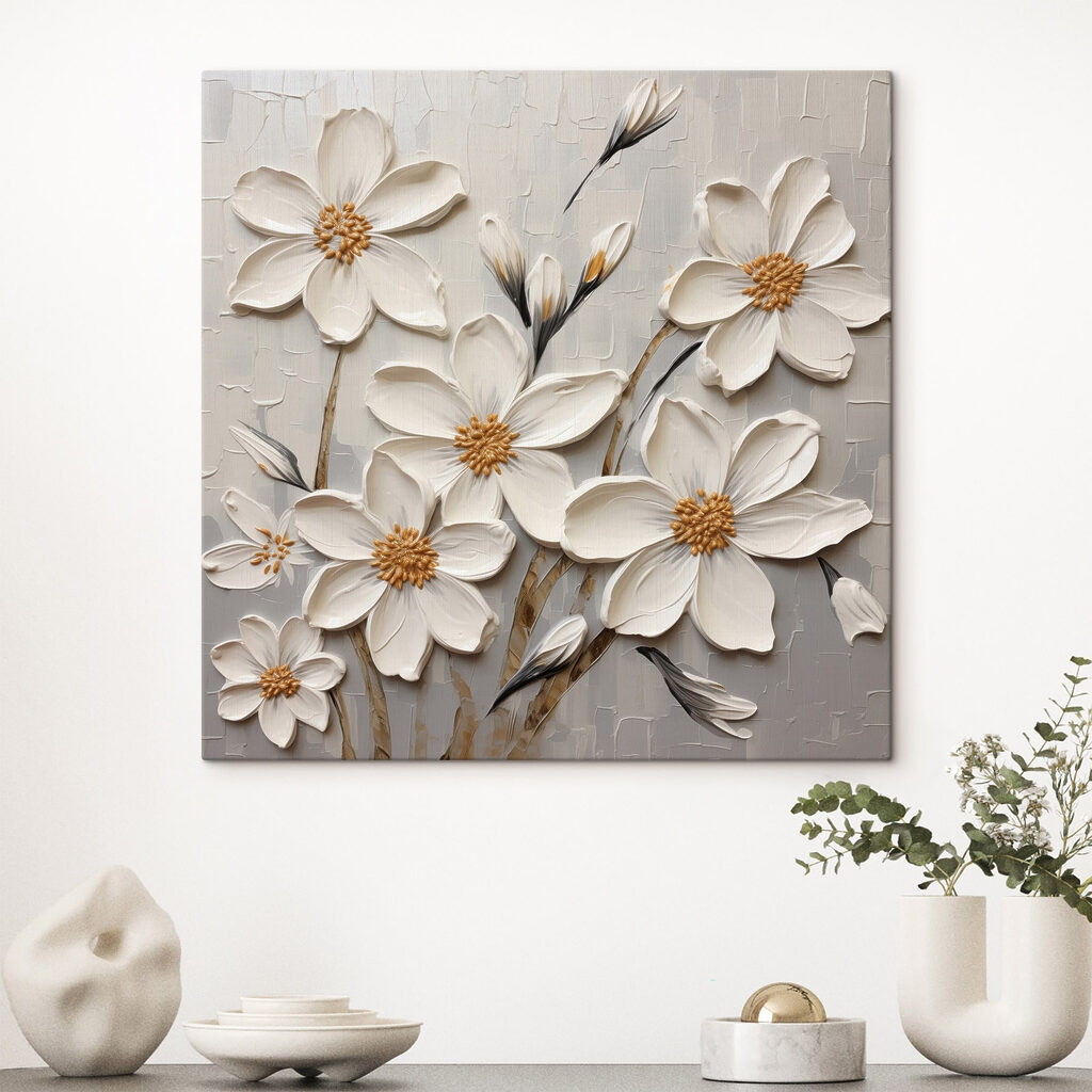 Witte bloemstelen met okerhartjes — interieur 2