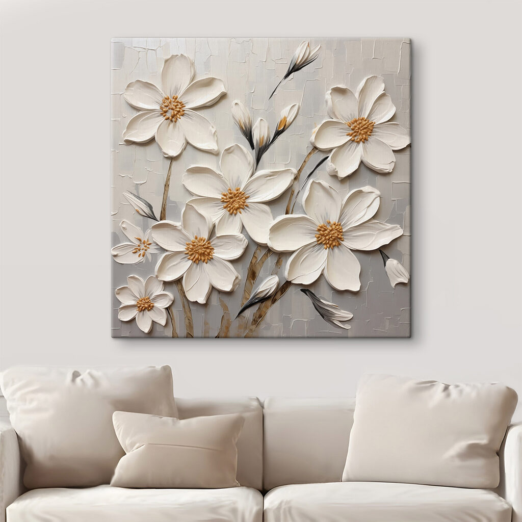 Witte bloemstelen met okerhartjes — interieur 3