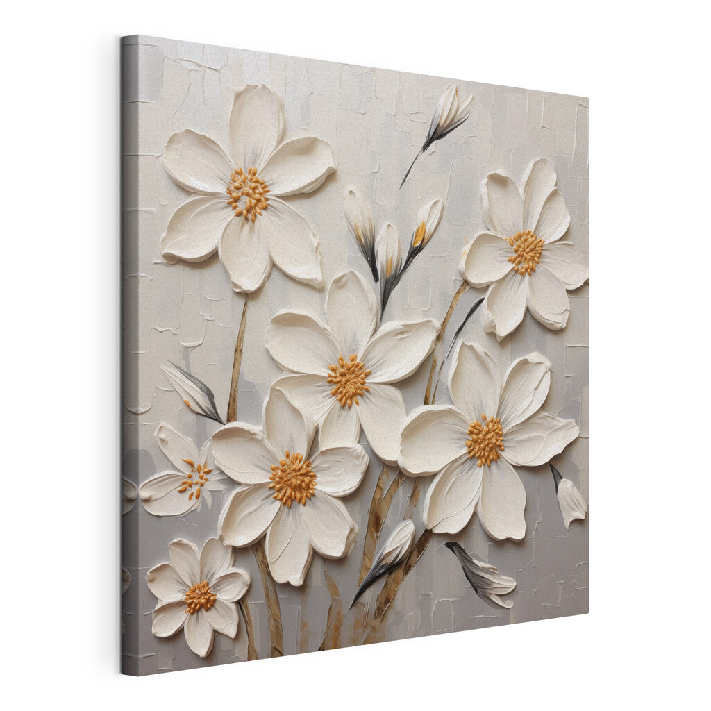 Witte bloemstelen met okerhartjes, gespannen canvas met doorlopende rand