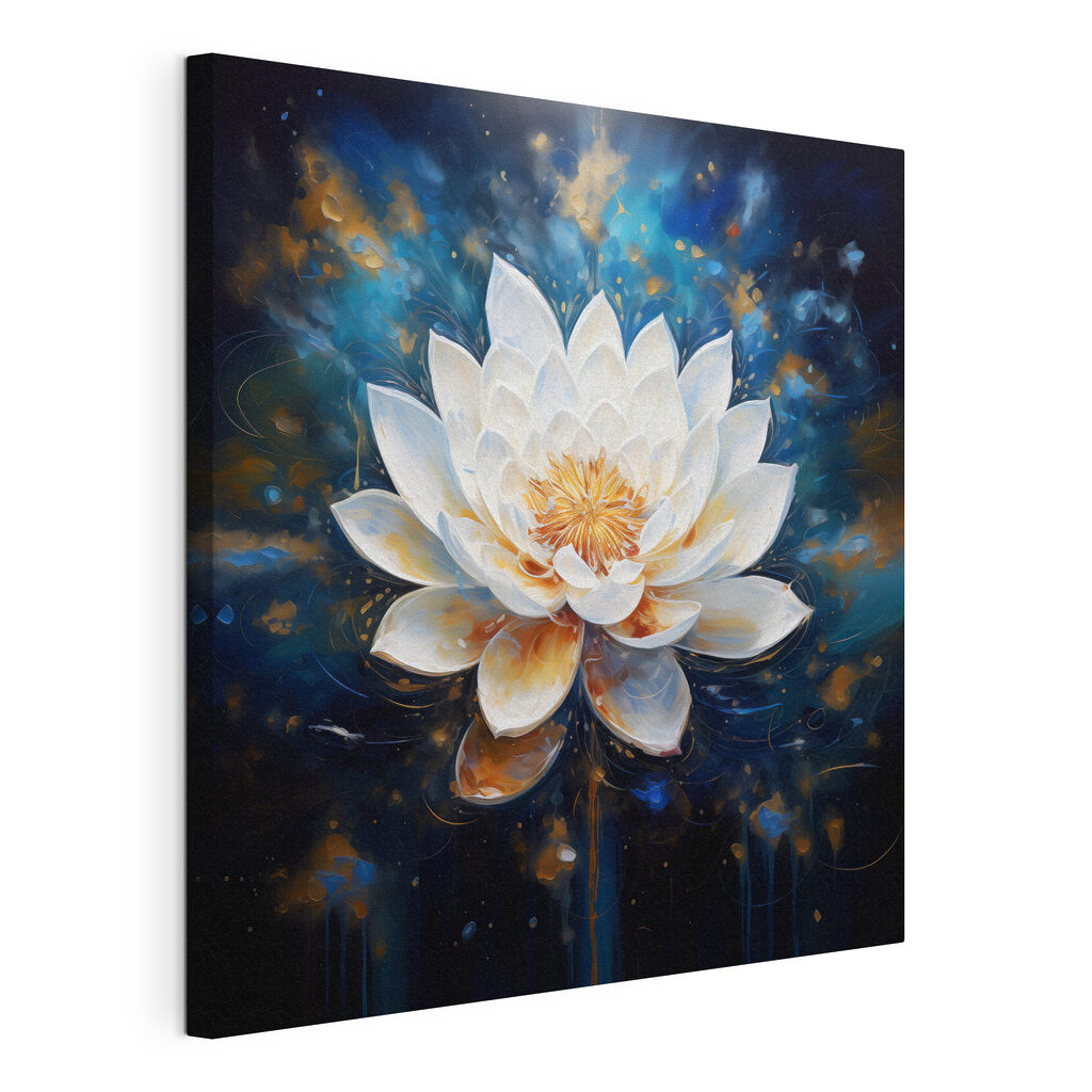 Witte lotus in kosmosblauw, gespannen canvas met doorlopende rand