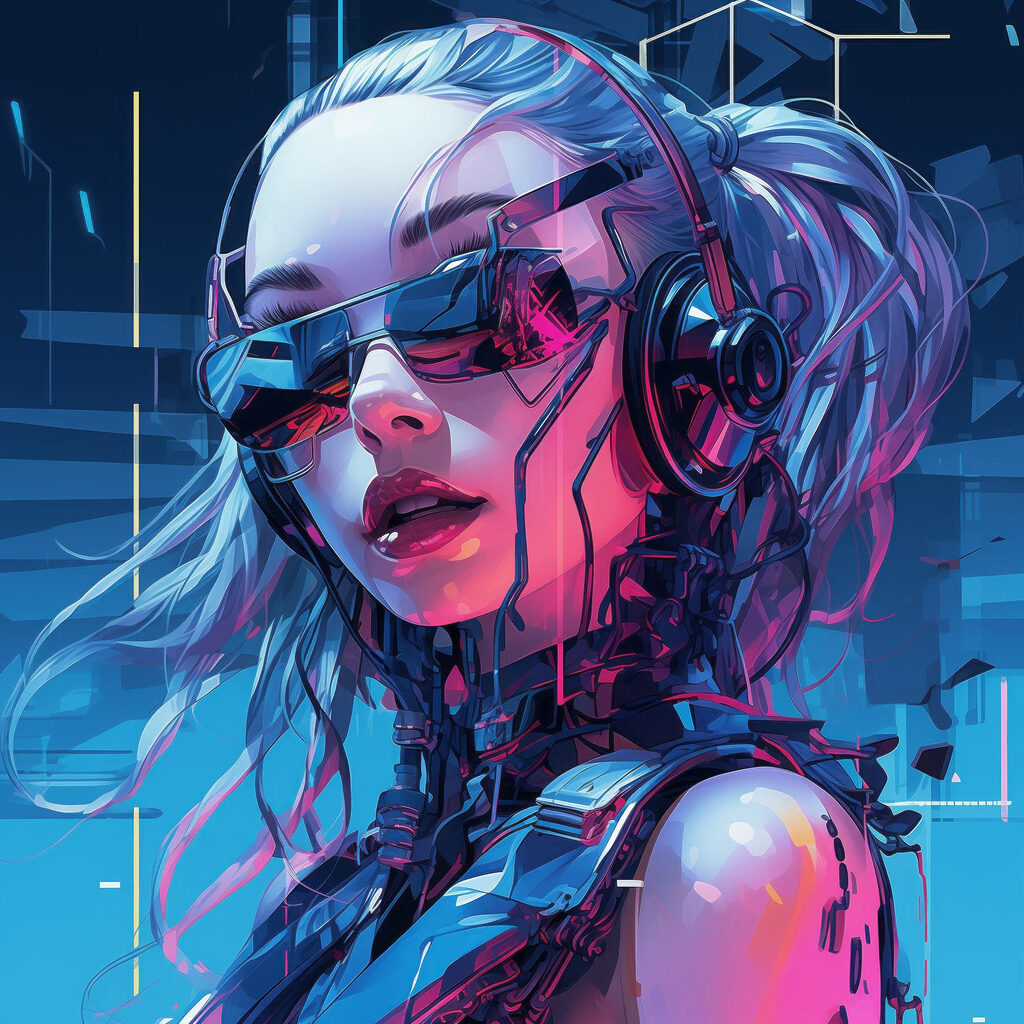 Cybervrouw in roze neonlicht — volledig ontwerp