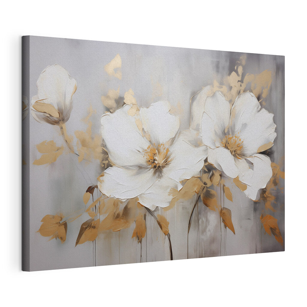 Witte bloemen met goudblaadjes, gespannen canvas met doorlopende rand