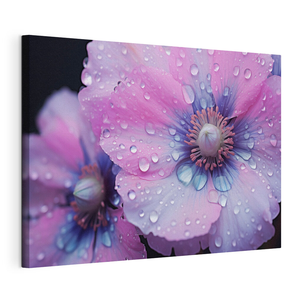 Roze bloem met waterdruppels, gespannen canvas met doorlopende rand