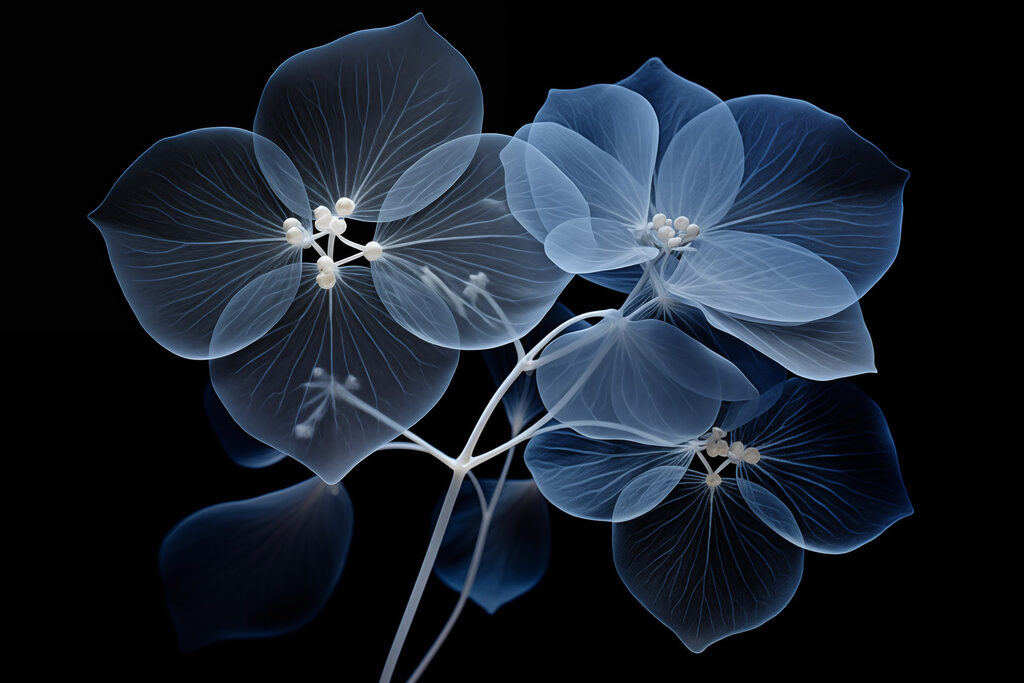 Blauwe bloemen in lichtnerven — volledig ontwerp