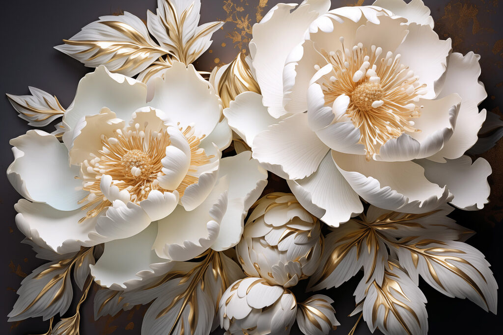 Roomwitte bloemen op donkergrijs — volledig ontwerp