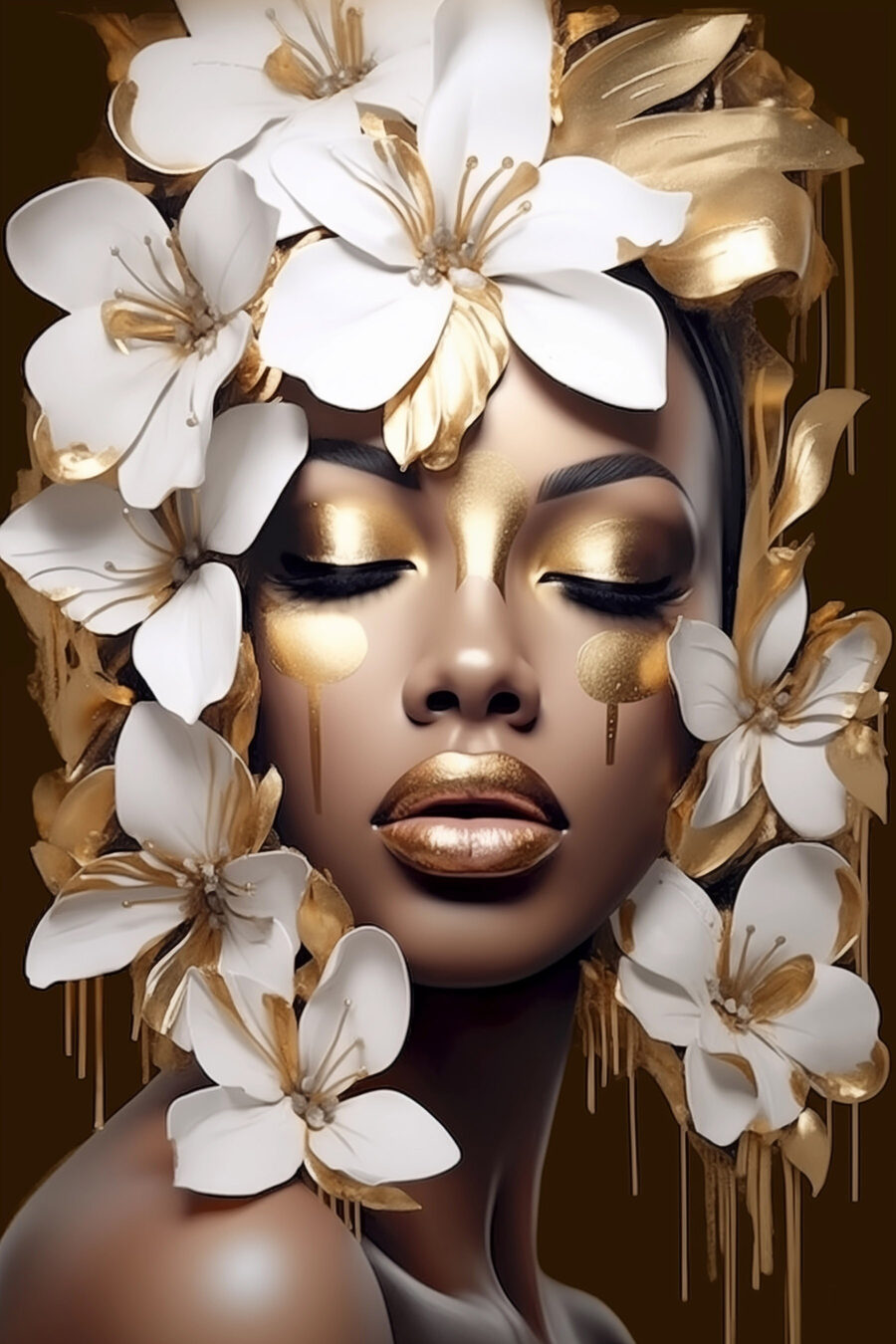 Witte bloemen, gouden oogleden — volledig ontwerp