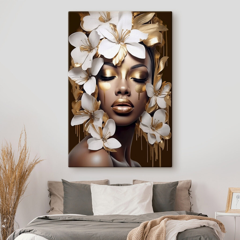 Witte bloemen, gouden oogleden — interieur 1
