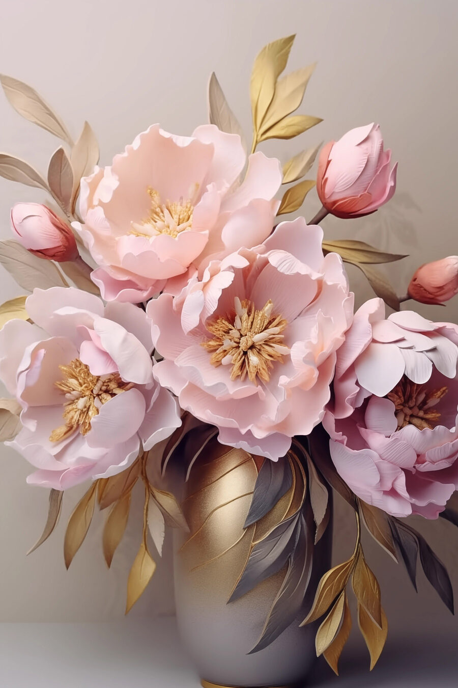 Roze pioenen in grijs — volledig ontwerp