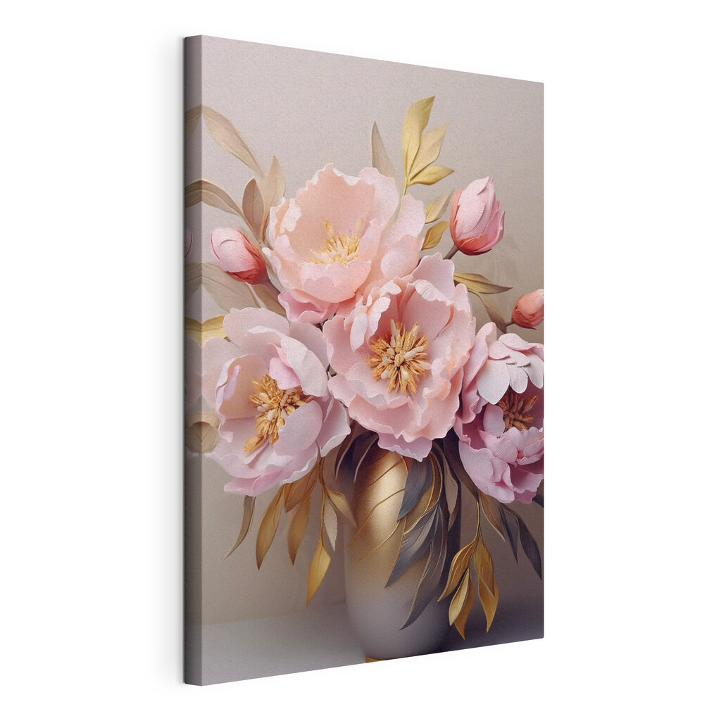 Roze pioenen in grijs, gespannen canvas met doorlopende rand