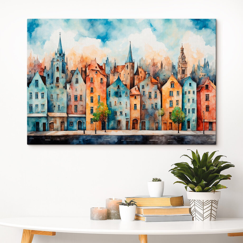 Aquarel van een rij gebouwen in een interieur