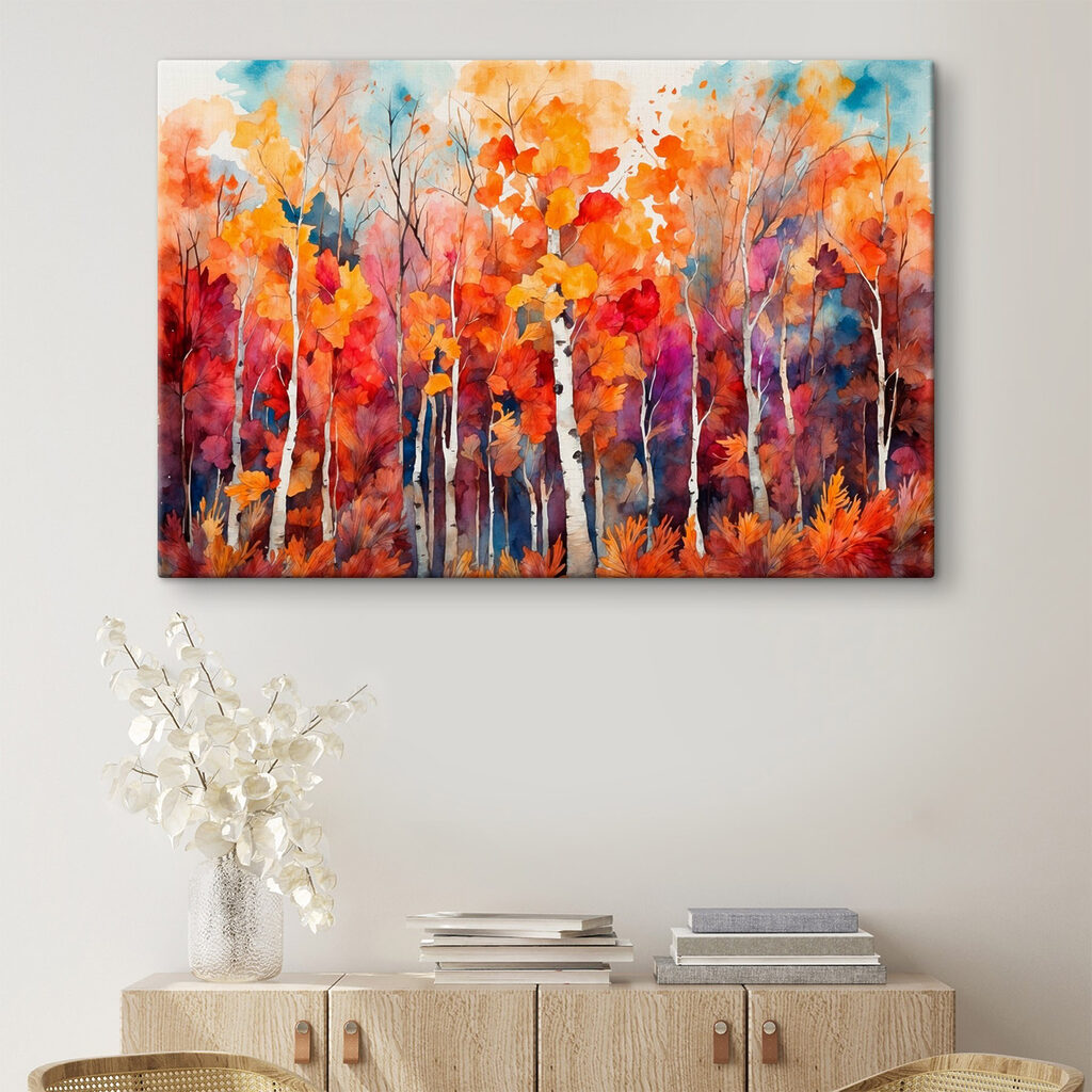Herfstberken in warme aquarel in een interieur