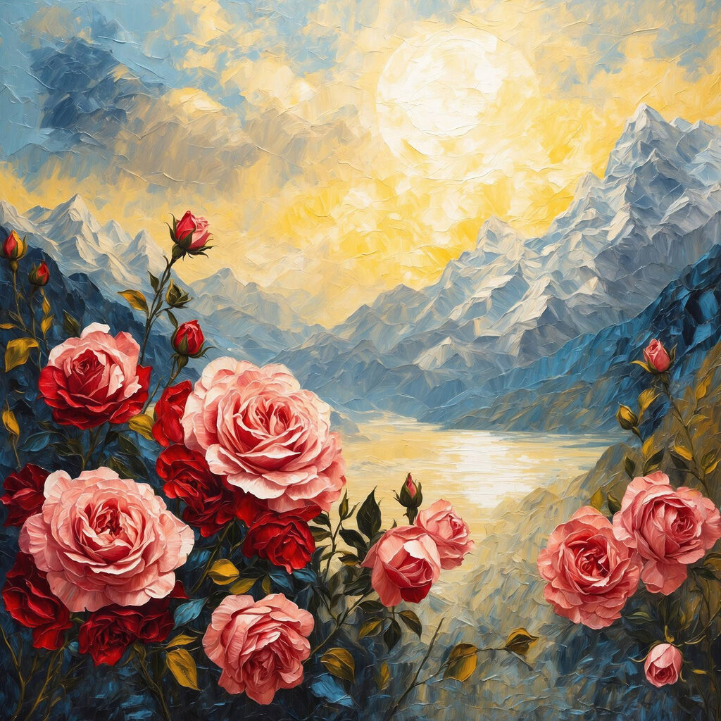Rozen boven blauw bergmeer — volledig ontwerp
