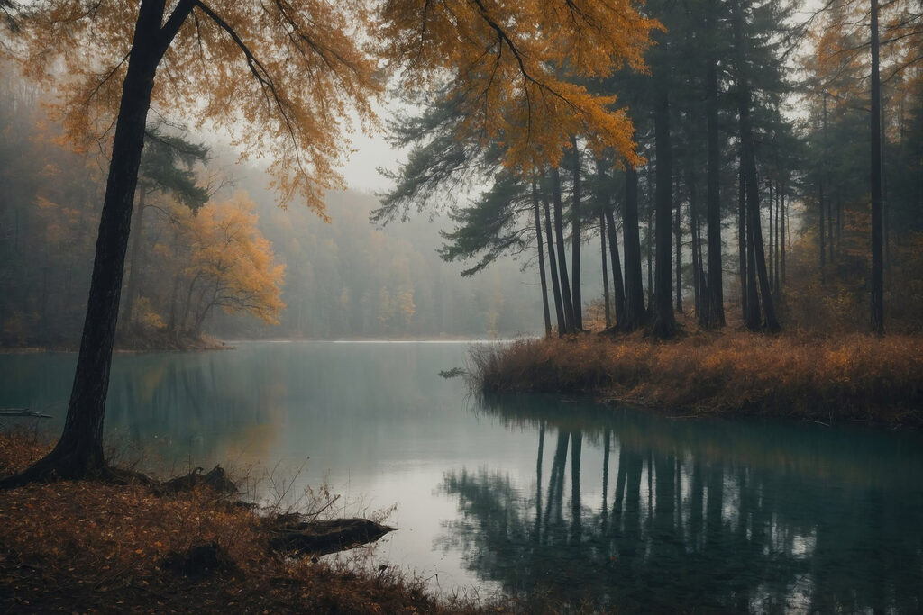 Herfstboom aan turquoise bosmeer — volledig ontwerp