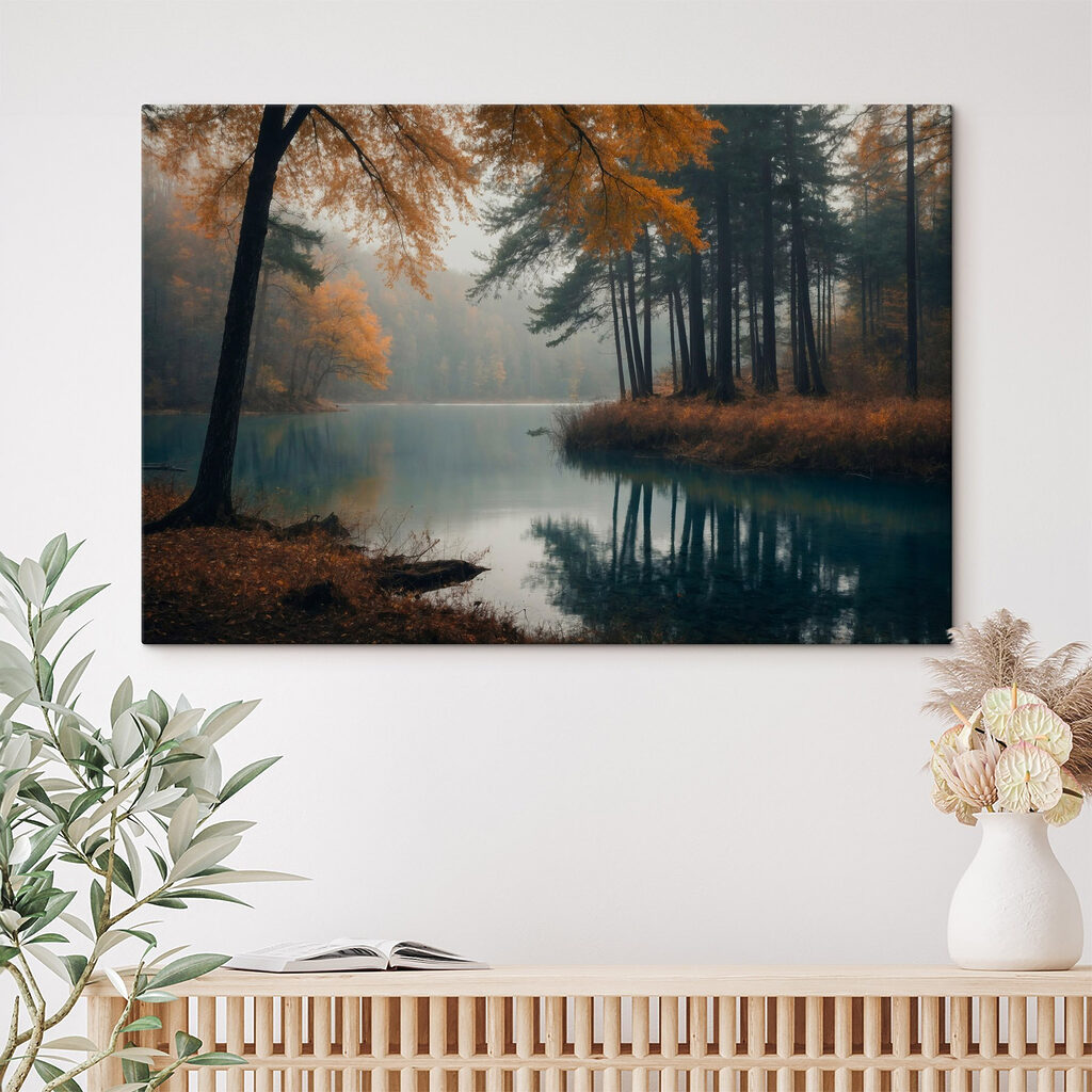 Herfstboom aan turquoise bosmeer — interieur 2