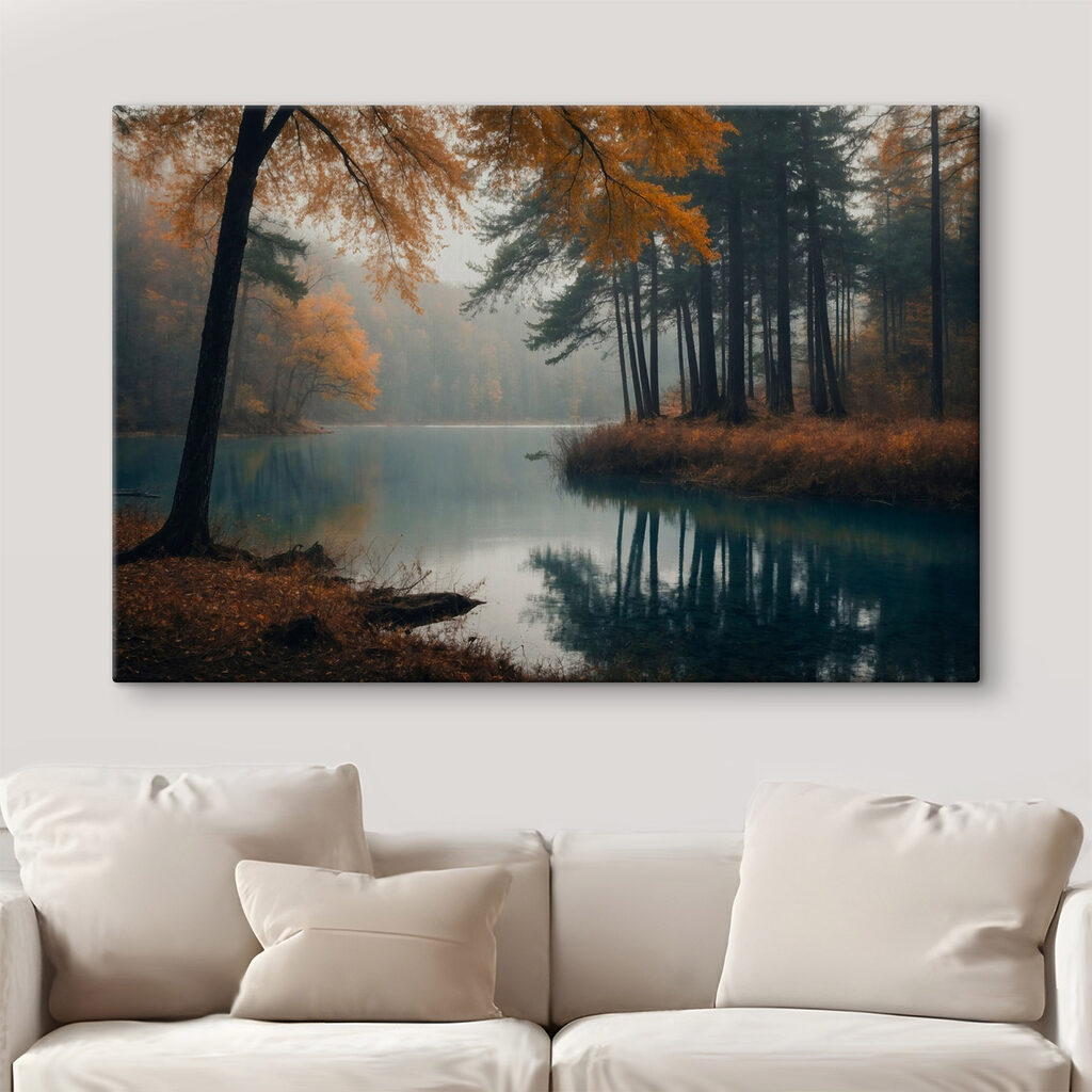 Herfstboom aan turquoise bosmeer — interieur 1