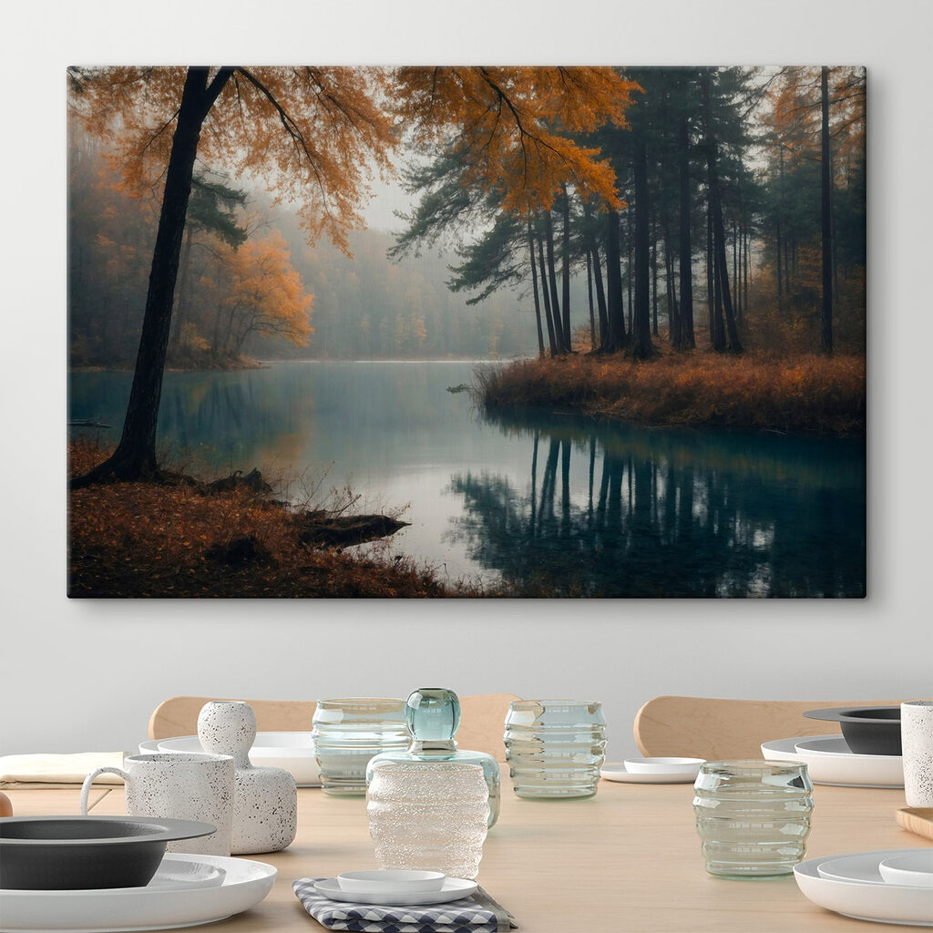 Herfstboom aan turquoise bosmeer — interieur 3