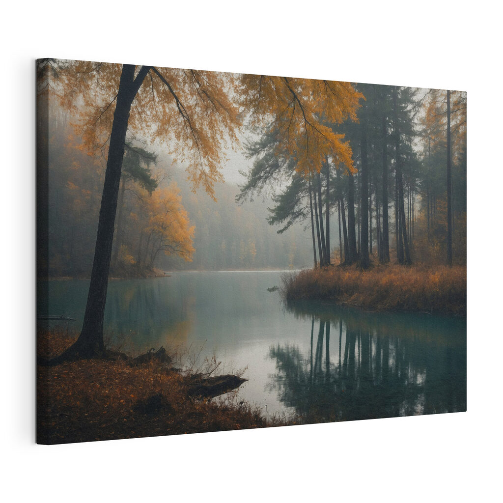 Herfstboom aan turquoise bosmeer — productweergave