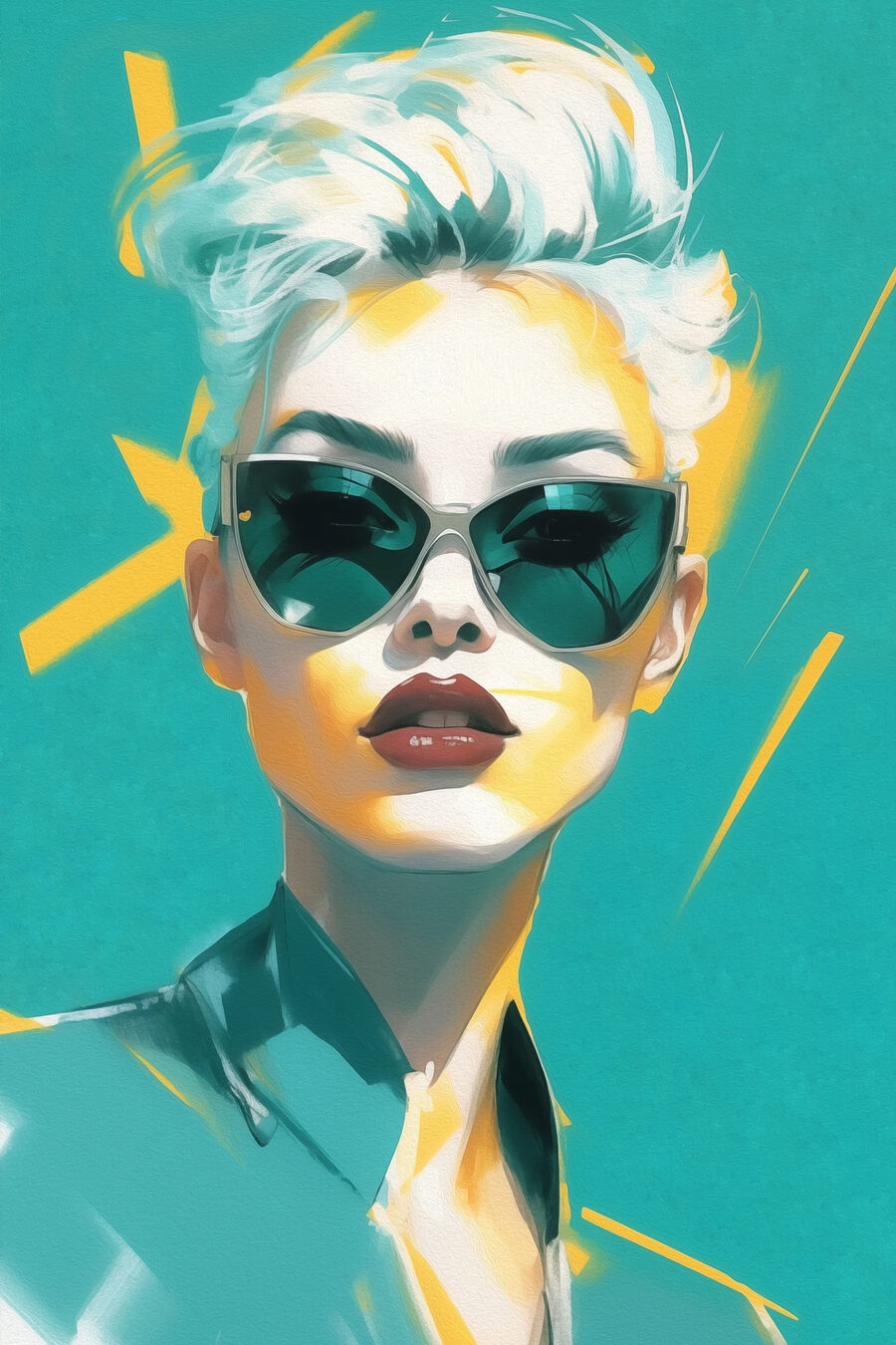 Zonnebril op turquoise portret — volledig ontwerp