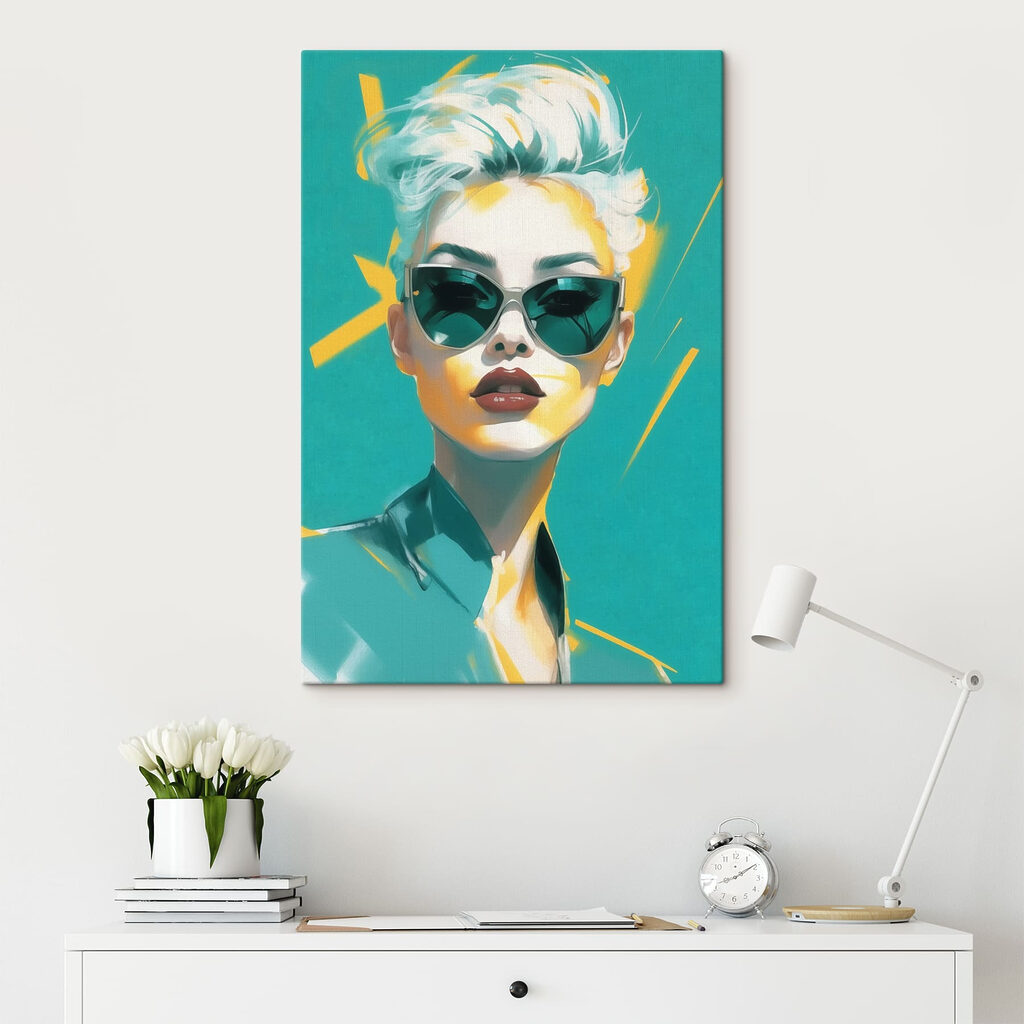 Zonnebril op turquoise portret — interieur 1