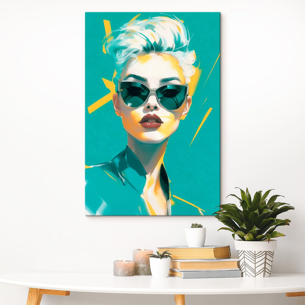 Zonnebril op turquoise portret — interieur 2