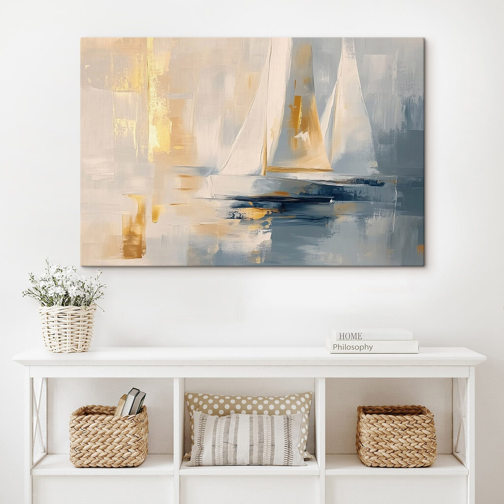 Schilderij van een zeilboot in een interieur