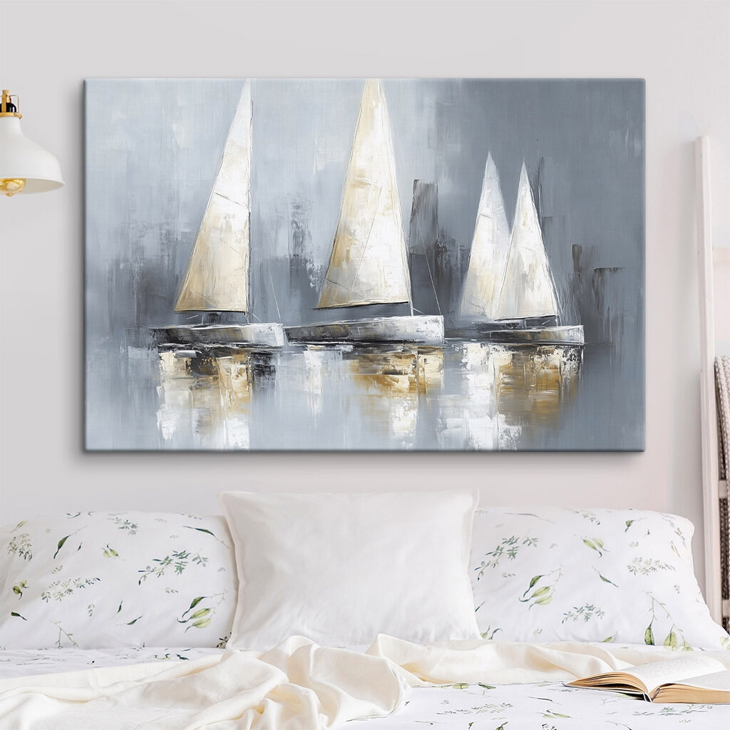 Schilderij van zeilboten op water in een interieur