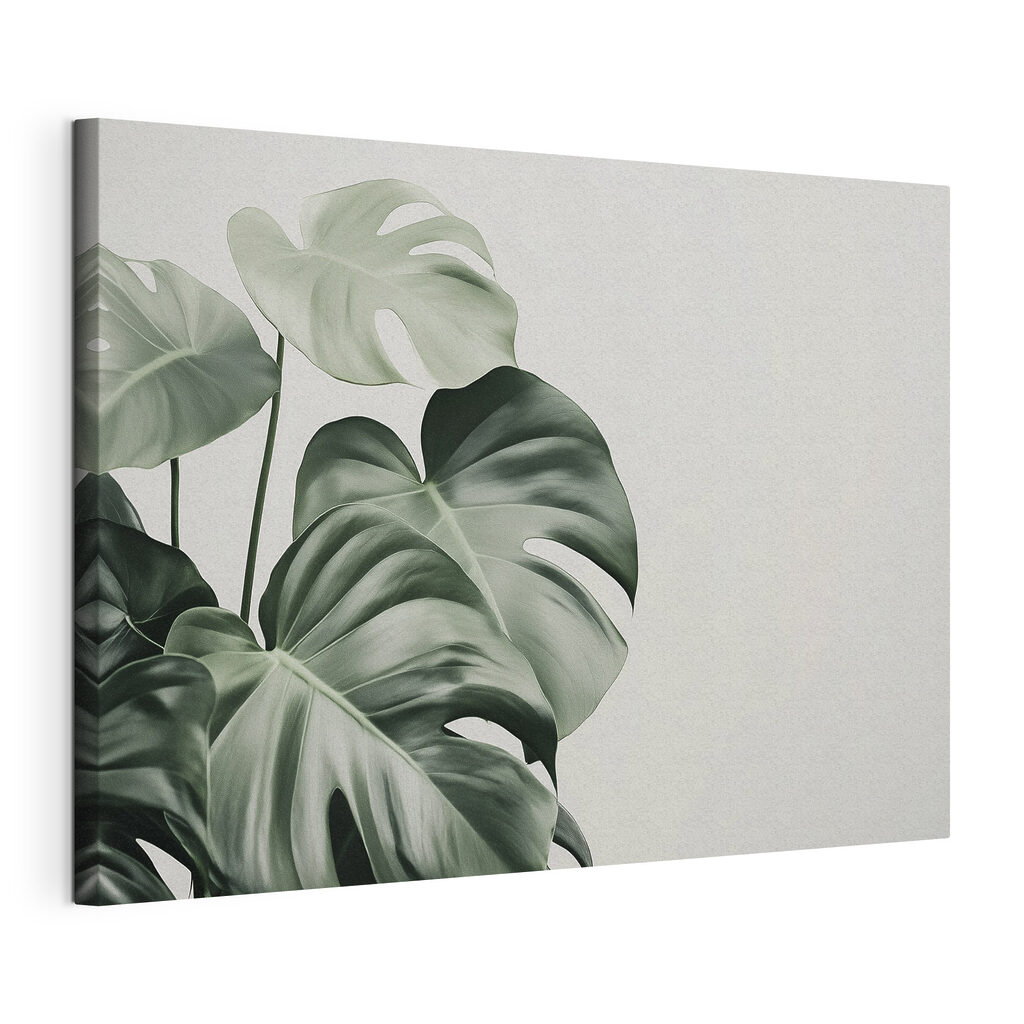 Monstera in diepe groentinten, gespannen canvas met doorlopende rand