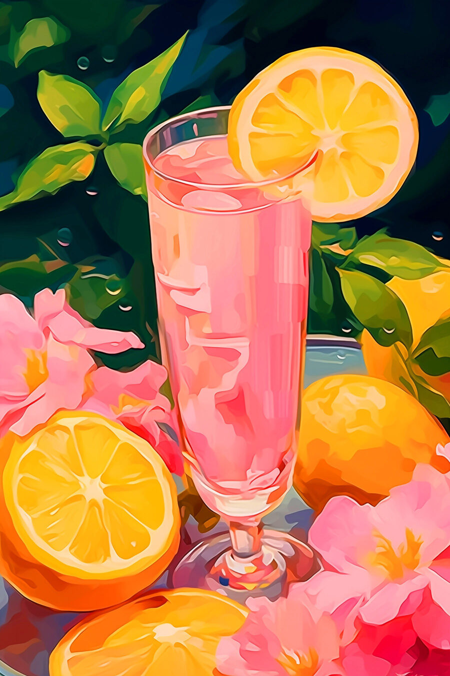 Roze citrusdrank tussen bloemen — volledig ontwerp