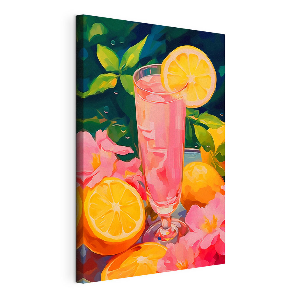 Roze citrusdrank tussen bloemen, gespannen canvas met doorlopende rand