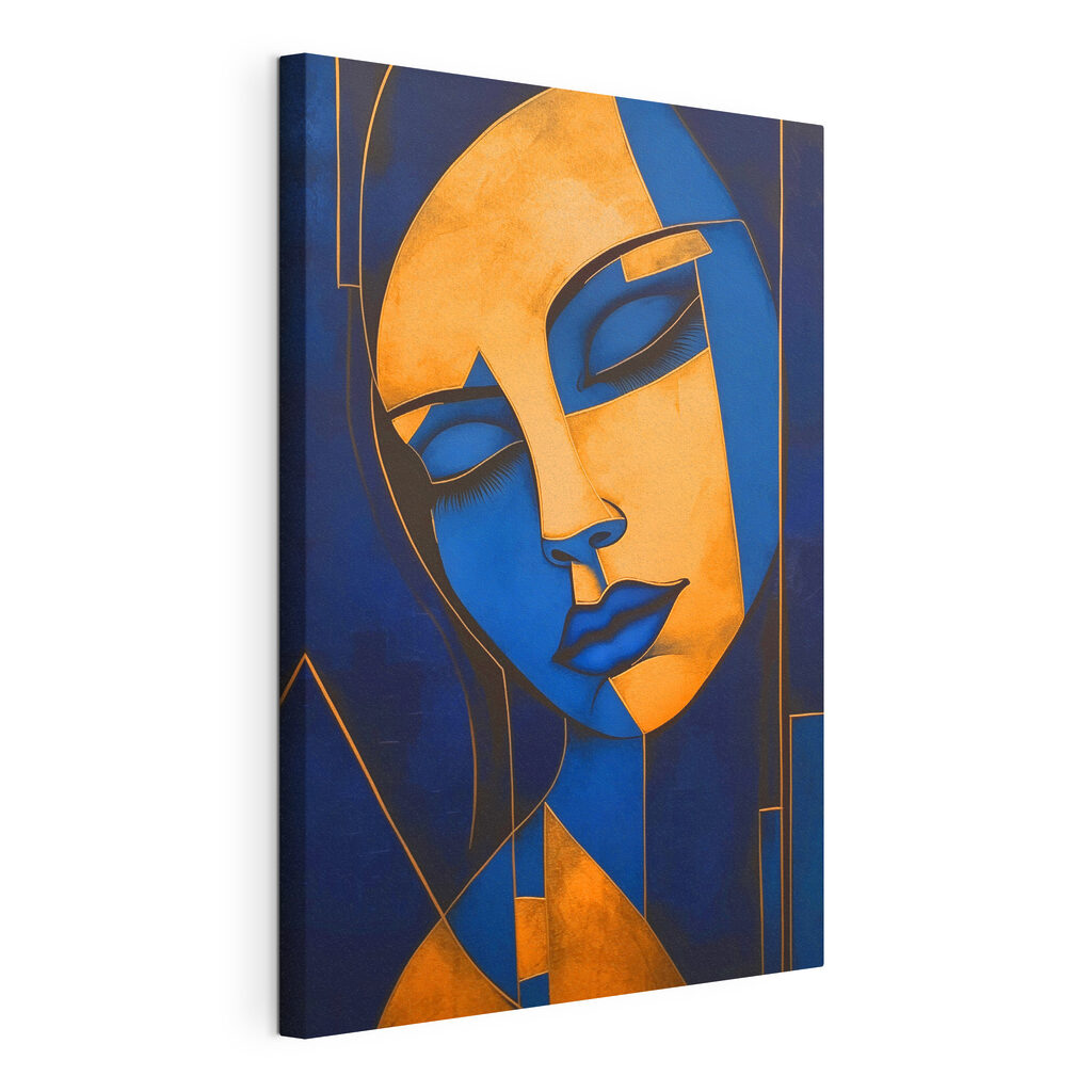 Blauw masker tussen goud, gespannen canvas met doorlopende rand
