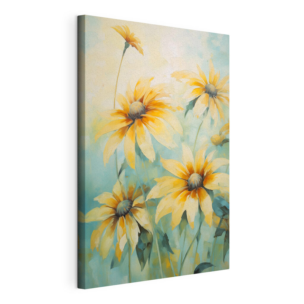 Gele bloemen in waterverf, gespannen canvas met doorlopende rand