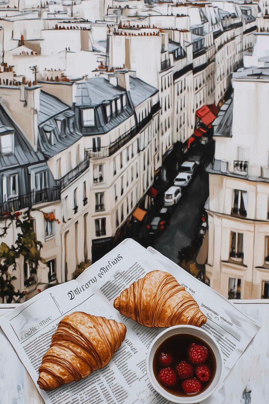 Ochtendkoffie met croissants, stadsstraat, architectuur, olieverfstijl — volledig ontwerp